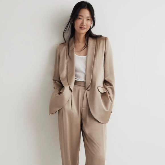 Madewell Satin Oversized Blazer Jacket Matchstick Beige Viscose Blend US 4 NWT - Picture 1 of 16